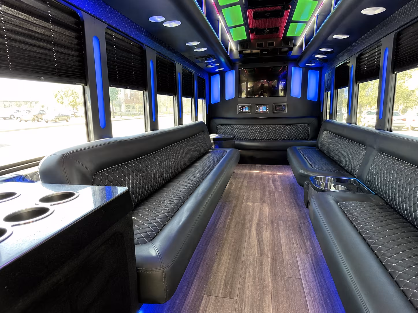 Wedding guests seated inside a party bus serving Vallejo