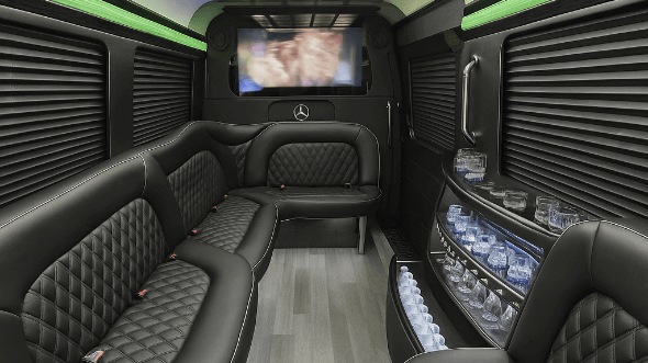 Interior of Vallejo Party Bus Company's 14 Passenger Sprinter Limousine in Novato